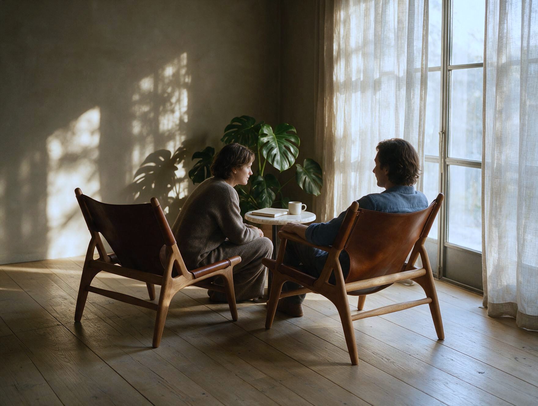 Two people in quiet conversation beside a sunlit window