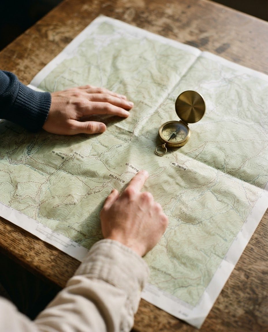 A compass resting on a topographic map