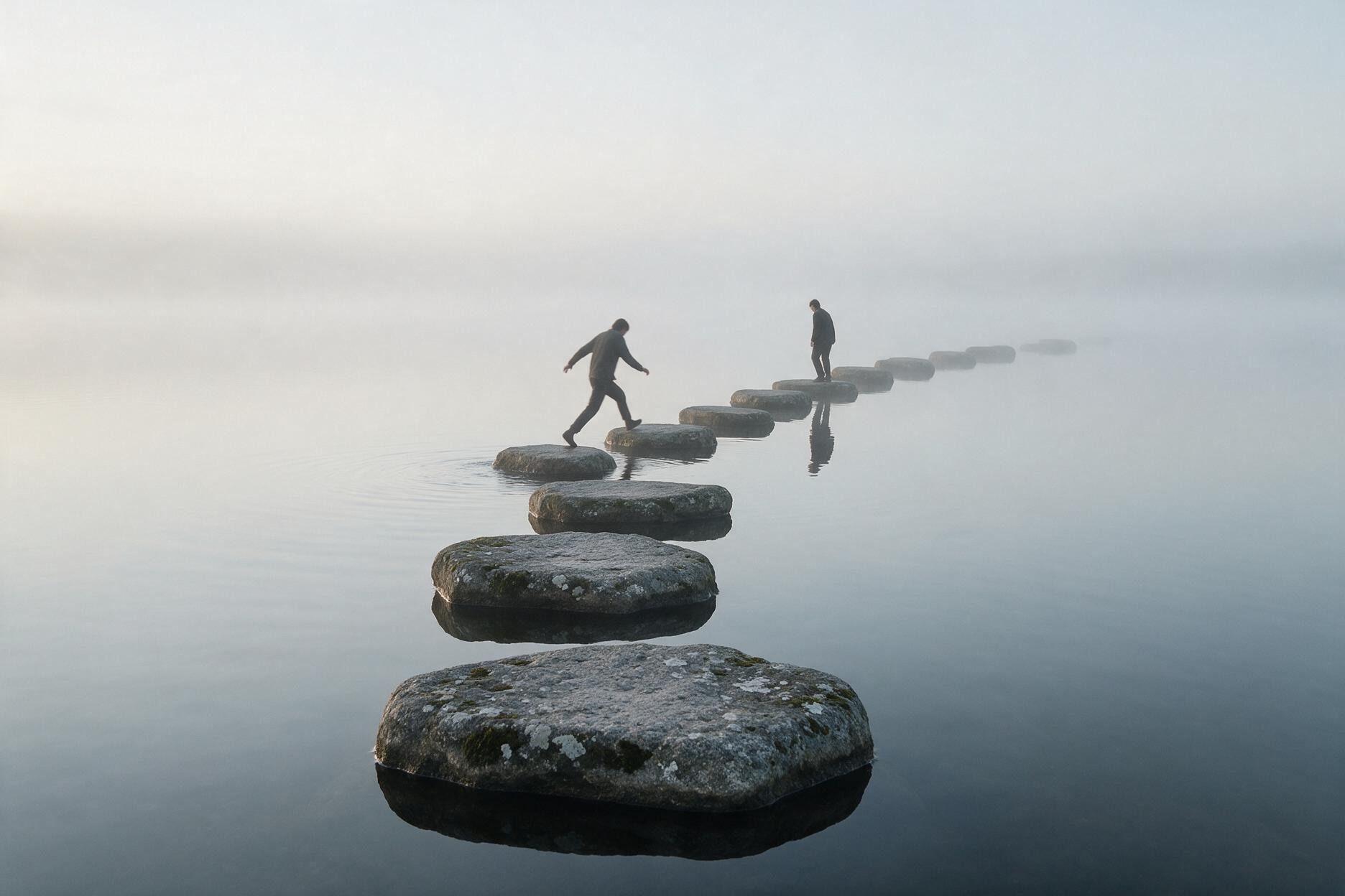 Stepping stones receding across still water into mist