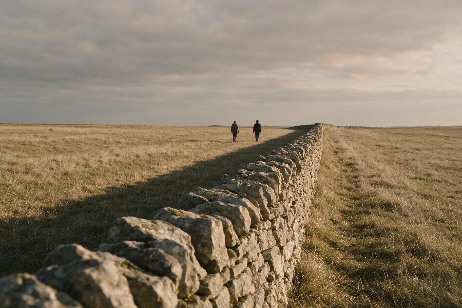 A dry-stone wall running to a distant horizon