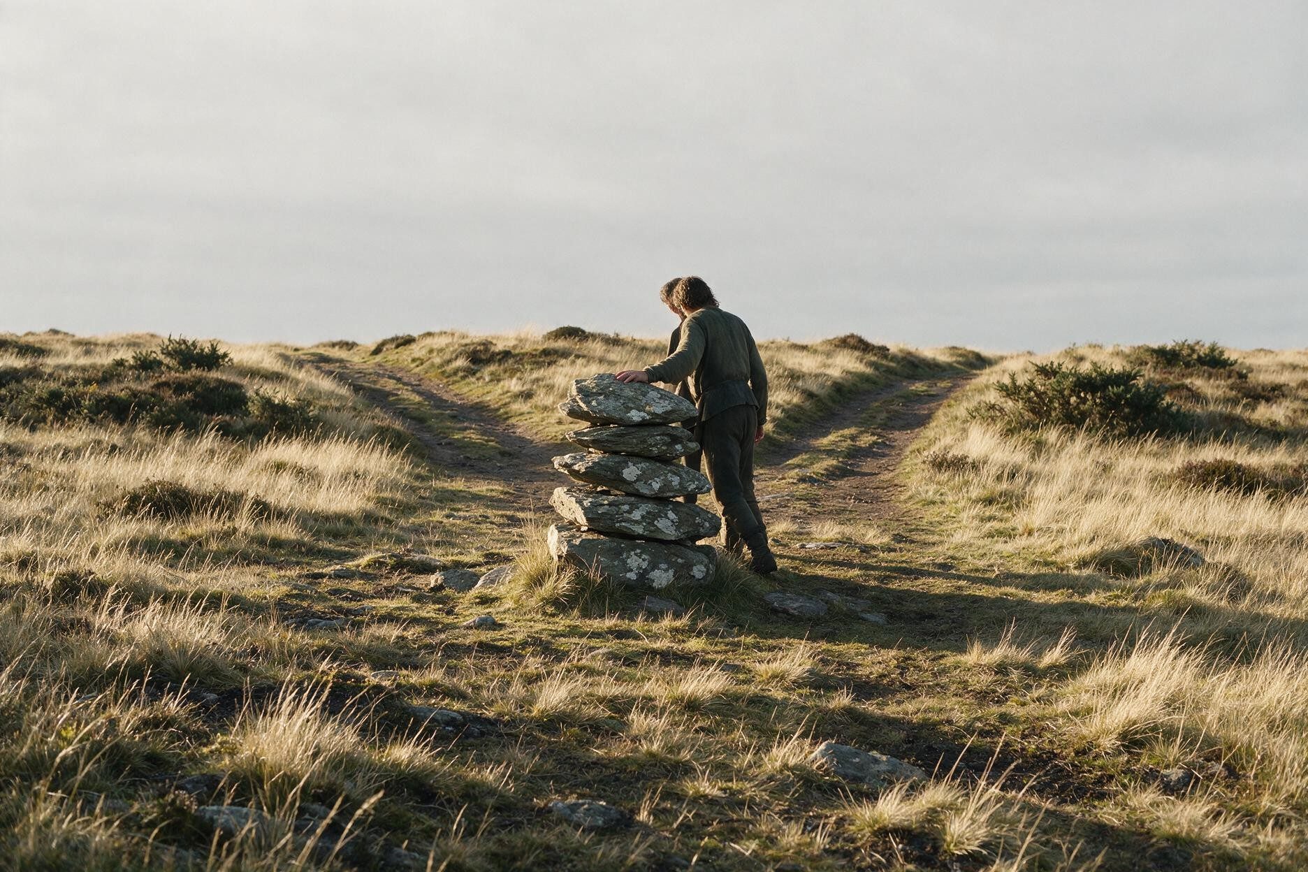 A trail cairn beside a forking path on open moorland