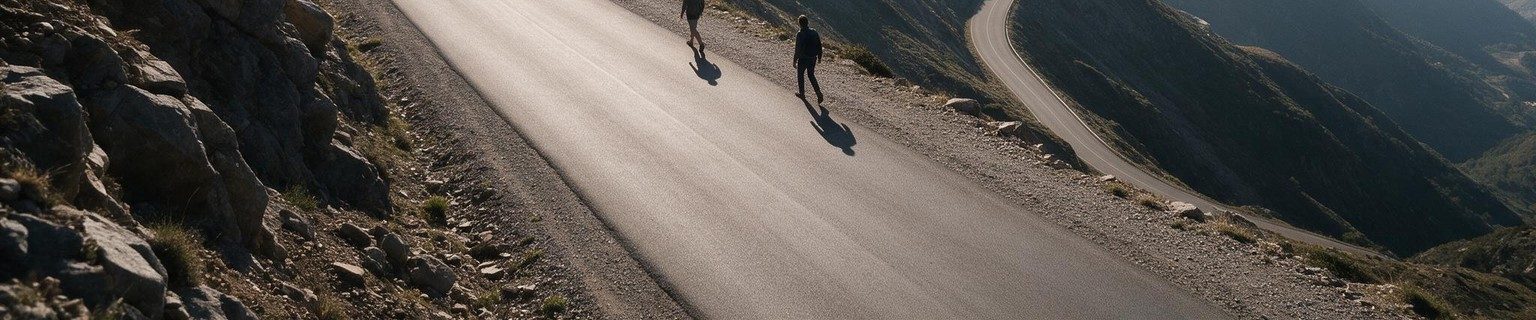 A road winding up through a mountain landscape